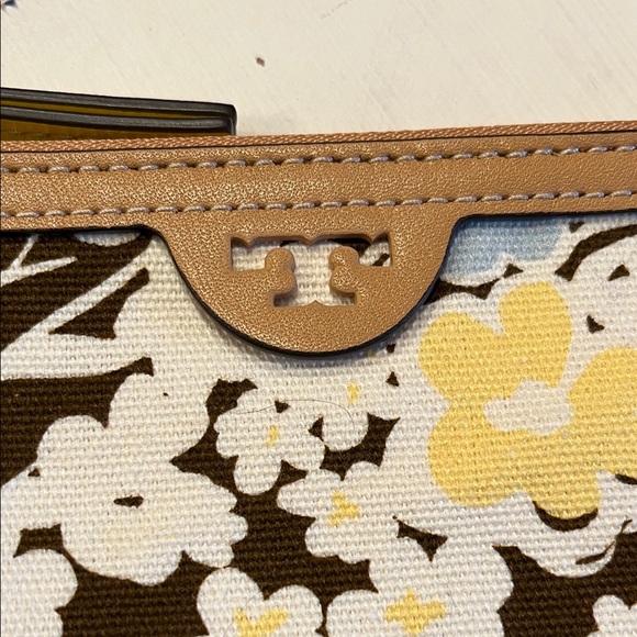 Tory Burch Brown and Yellow Clutch Floral and Basketweave Patterns